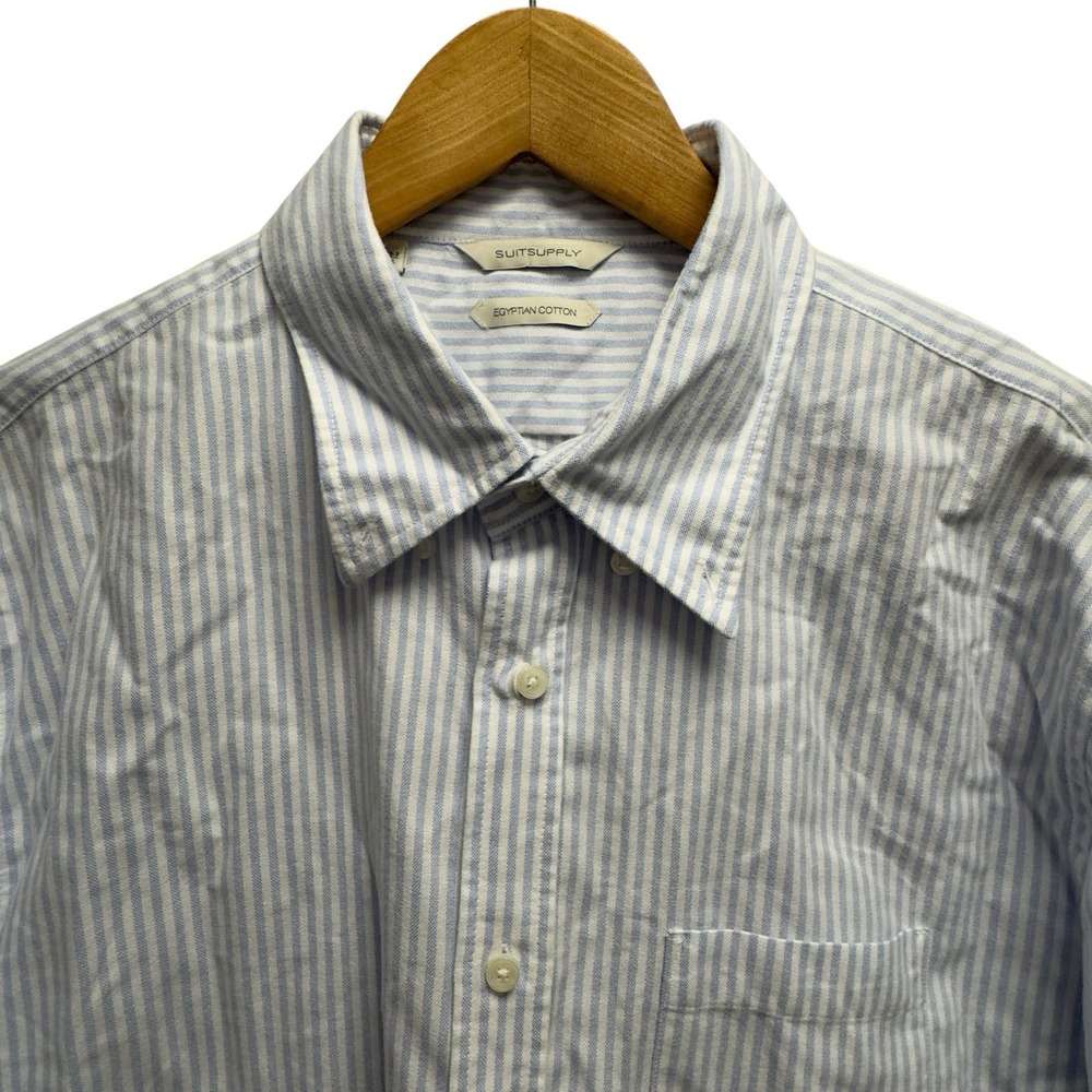 Suitsupply Men's Sz 17 Large 43/7 Button Down Blue Striped Egyptian Cotton Shirt